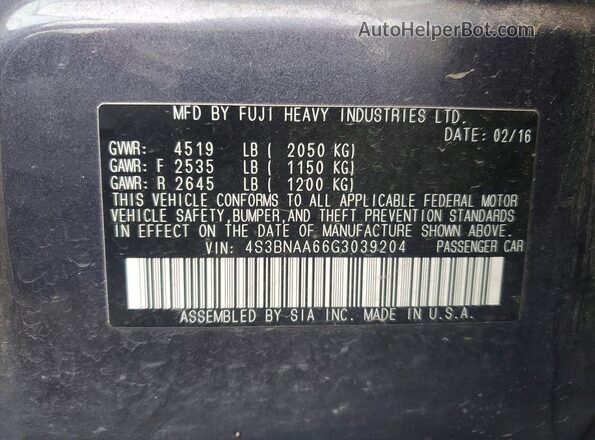 4S3BNAA66G3039204 2016 SUBARU LEGACY Синий Вид наклейки с VIN-кодом
