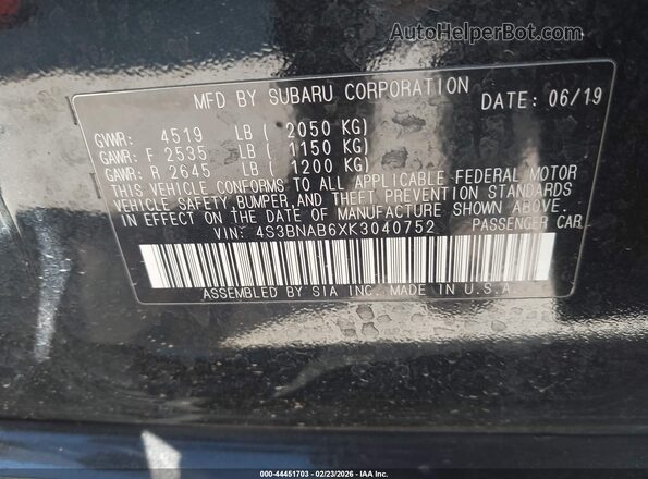 4S3BNAB6XK3040752 2019 SUBARU LEGACY Черный Вид подкапотного пространства