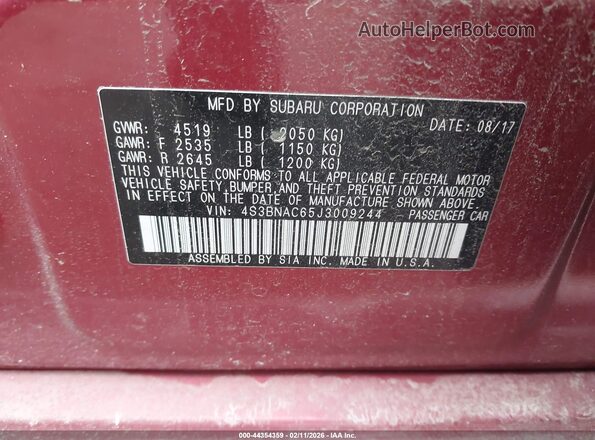 4S3BNAC65J3009244 2018 SUBARU LEGACY Red Widok komory silnika