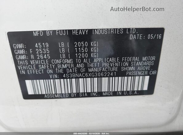 4S3BNAC6XG3062241 2016 SUBARU LEGACY Белый Вид подкапотного пространства