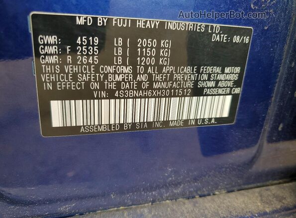 4S3BNAH6XH3011512 2016 SUBARU LEGACY Синий Вид подкапотного пространства