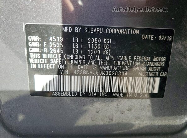 4S3BNAJ69K3028304 2019 SUBARU LEGACY Серый Вид подкапотного пространства