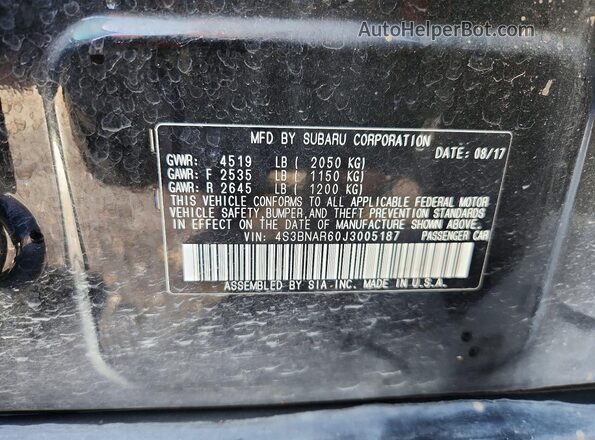 4S3BNAR60J3005187 2018 SUBARU LEGACY Черный Вид наклейки с VIN-кодом