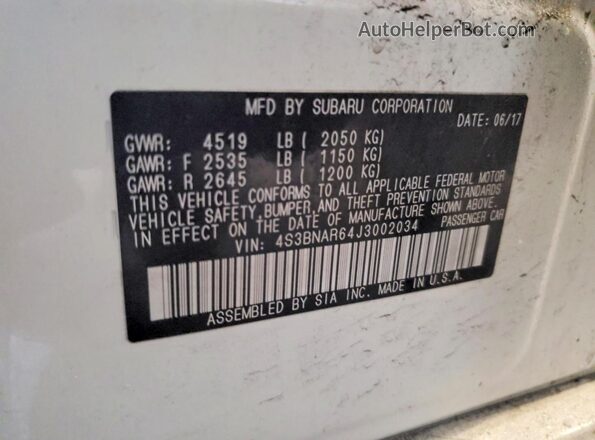 4S3BNAR64J3002034 2018 SUBARU LEGACY Белый Вид наклейки с VIN-кодом