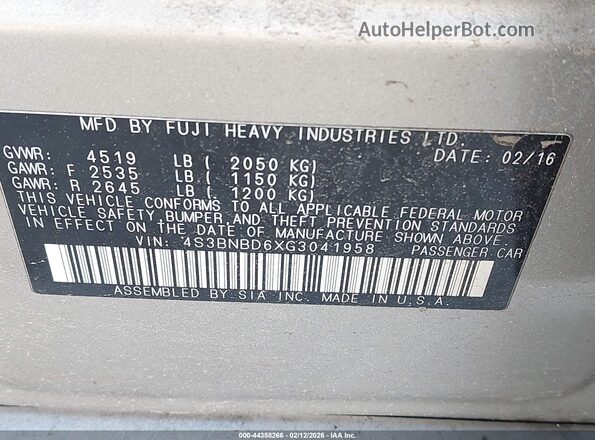 4S3BNBD6XG3041958 2016 SUBARU LEGACY Gray Вид підкапотного простору