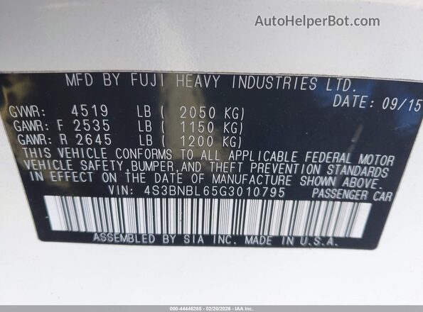 4S3BNBL65G3010795 2016 SUBARU LEGACY White Widok komory silnika