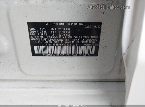 4S3BNEN60J3010354 2018 SUBARU LEGACY Белый Вид подкапотного пространства
