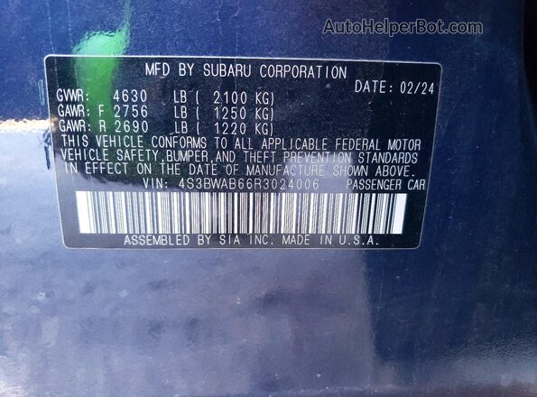 4S3BWAB66R3024006 2024 SUBARU LEGACY Blue Widok komory silnika