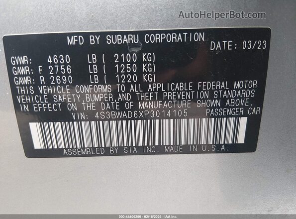 4S3BWAD6XP3014105 2023 SUBARU LEGACY Серый Вид подкапотного пространства