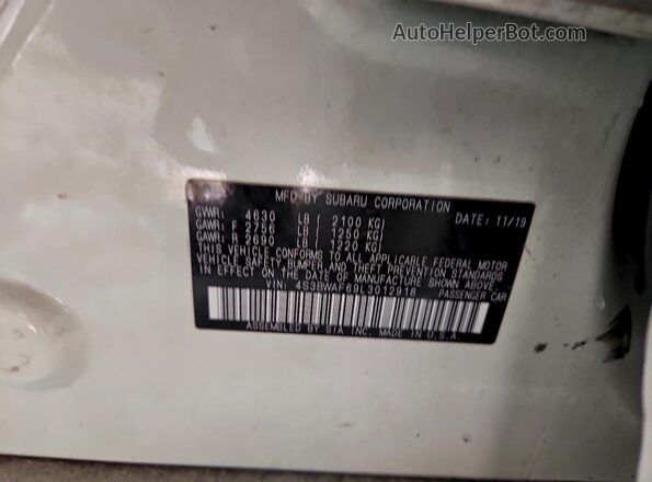4S3BWAF69L3012918 2020 SUBARU LEGACY White Widok komory silnika
