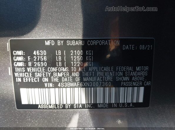 4S3BWAF6XN3007360 2022 SUBARU LEGACY Серый Вид подкапотного пространства