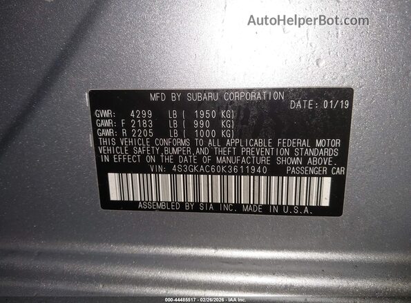 4S3GKAC60K3611940 2019 SUBARU IMPREZA Silver Widok komory silnika