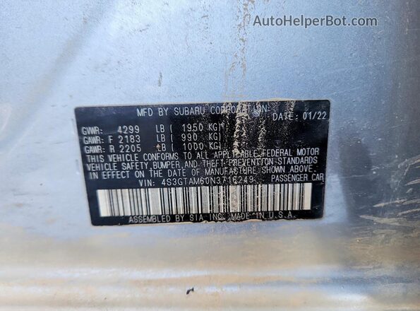 4S3GTAM60N3716249 2022 SUBARU IMPREZA Серебряный Вид наклейки с VIN-кодом
