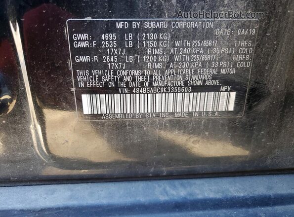 4S4BSABC9K3355603 2019 SUBARU OUTBACK Черный Вид наклейки с VIN-кодом
