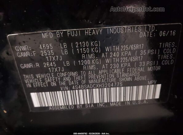 4S4BSADCXH3204775 2017 SUBARU OUTBACK Черный Вид подкапотного пространства