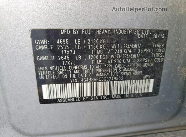 4S4BSAEC0G3249852 2016 SUBARU OUTBACK Серебряный Панорамный вид салона 360°