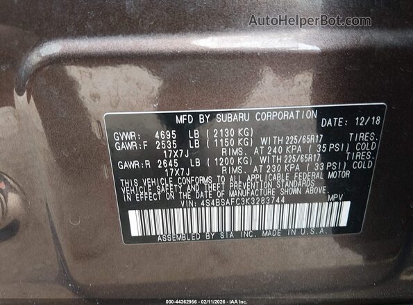 4S4BSAFC3K3283744 2019 SUBARU OUTBACK Brown Vista del compartimento del motor