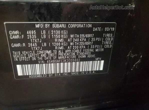 4S4BSAFC3K3335602 2019 SUBARU OUTBACK Черный Панорамный вид салона 360°