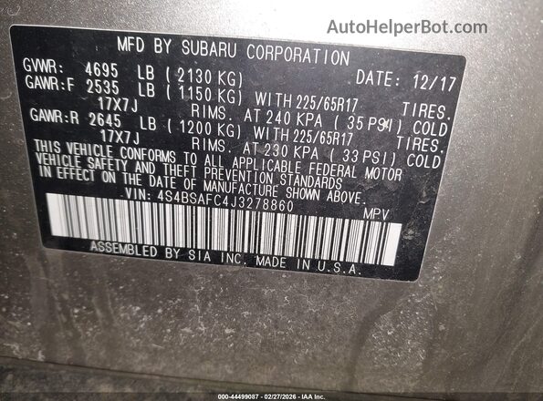4S4BSAFC4J3278860 2018 SUBARU OUTBACK Серый Вид подкапотного пространства