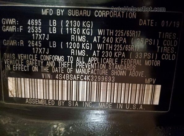 4S4BSAFC4K3299693 2019 SUBARU OUTBACK Black VIN sticker view
