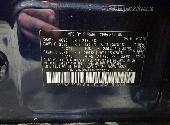 4S4BSAFC8J3296214 2018 SUBARU OUTBACK Синий Вид наклейки с VIN-кодом