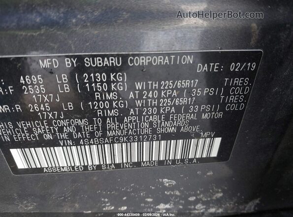 4S4BSAFC9K3312731 2019 SUBARU OUTBACK Light Blue Вид подкапотного пространства