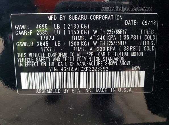 4S4BSAFCXK3226392 2019 SUBARU OUTBACK Черный Вид подкапотного пространства