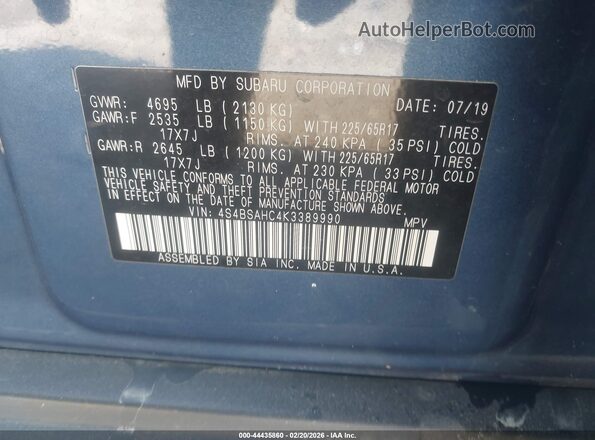 4S4BSAHC4K3389990 2019 SUBARU OUTBACK Blue Engine compartment view