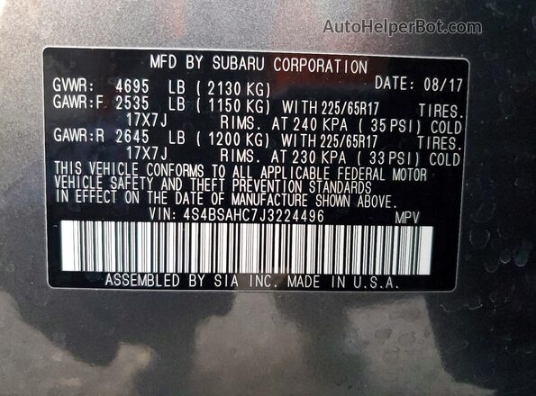 4S4BSAHC7J3224496 2018 SUBARU OUTBACK Серый Вид подкапотного пространства