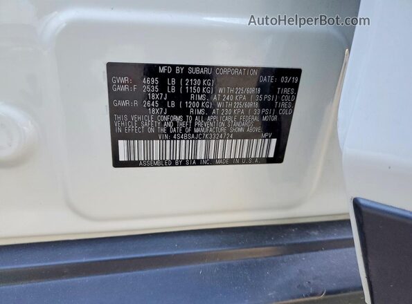 4S4BSAJC7K3324724 2019 SUBARU OUTBACK Белый Вид наклейки с VIN-кодом