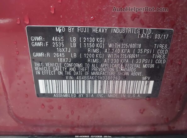4S4BSAKC1H3380262 2017 SUBARU OUTBACK Red Widok komory silnika