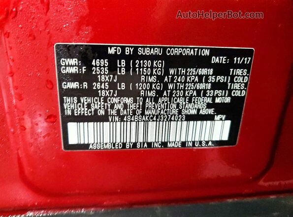 4S4BSAKC4J3274023 2018 SUBARU OUTBACK Темно-бордовый Вид наклейки с VIN-кодом