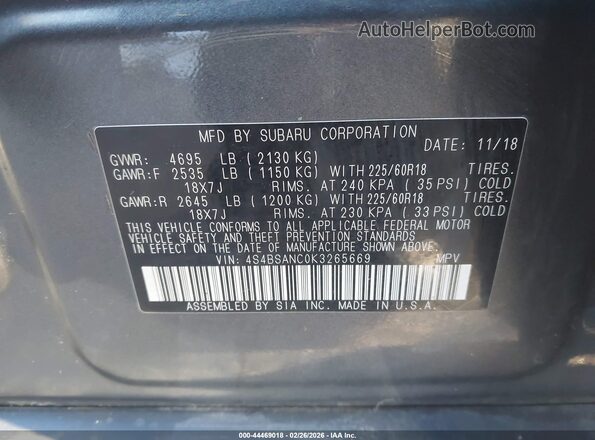 4S4BSANC0K3265669 2019 SUBARU OUTBACK Серый Вид подкапотного пространства