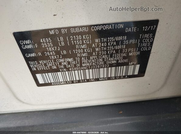 4S4BSANC1J3287923 2018 SUBARU OUTBACK White Widok komory silnika