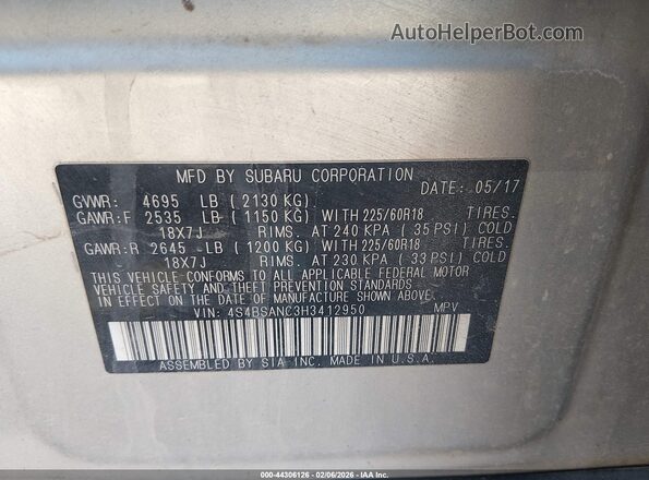 4S4BSANC3H3412950 2017 SUBARU OUTBACK Серебряный Вид подкапотного пространства