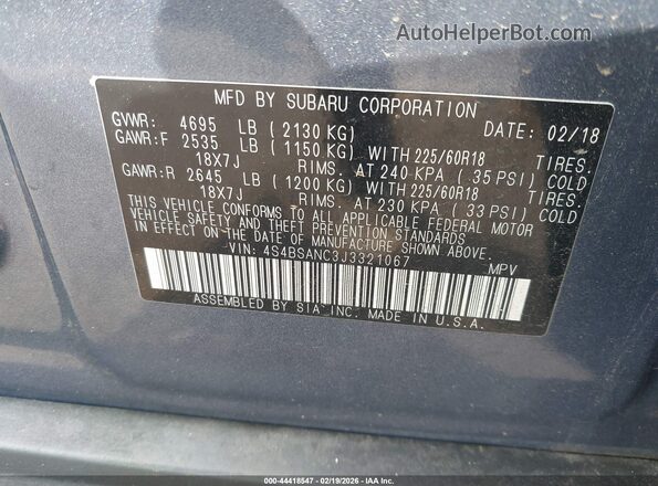 4S4BSANC3J3321067 2018 SUBARU OUTBACK Синий Вид подкапотного пространства