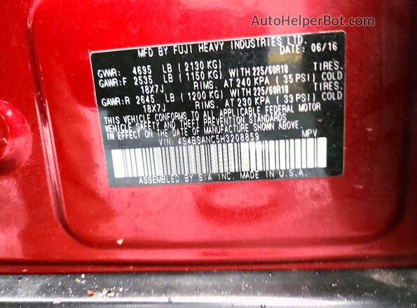 4S4BSANC5H3208859 2017 SUBARU OUTBACK Бордовый Вид наклейки с VIN-кодом