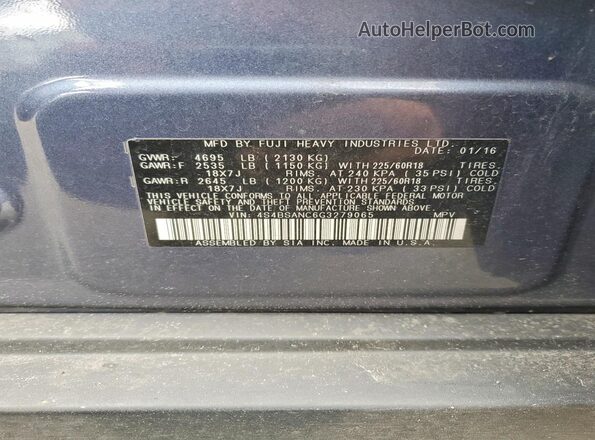 4S4BSANC6G3279065 2016 SUBARU OUTBACK Синий Вид наклейки с VIN-кодом