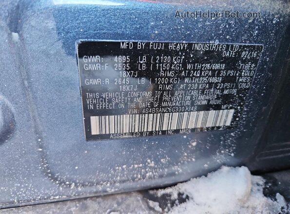 4S4BSANC6G3307348 2016 SUBARU OUTBACK Синий Панорамный вид салона 360°