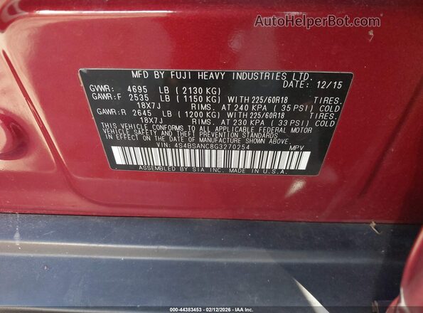 4S4BSANC8G3270254 2016 SUBARU OUTBACK Красный Вид подкапотного пространства