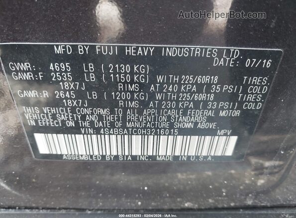 4S4BSATC0H3216015 2017 SUBARU OUTBACK Бордовый Вид подкапотного пространства