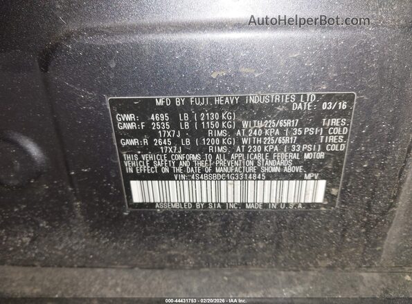 4S4BSBDC1G3314845 2016 SUBARU OUTBACK Серый Вид подкапотного пространства