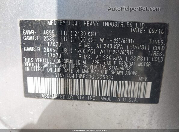 4S4BSBFC0G3225894 2016 SUBARU OUTBACK Серебряный Вид подкапотного пространства