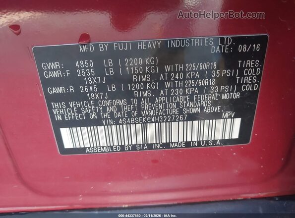 4S4BSEKC4H3227267 2017 SUBARU OUTBACK Бордовый Вид подкапотного пространства