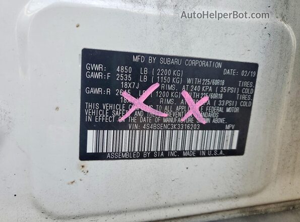 4S4BSENC3K3316203 2019 SUBARU OUTBACK White 360 interior view