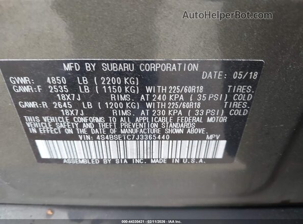 4S4BSETC7J3365440 2018 SUBARU OUTBACK Зеленый Вид подкапотного пространства
