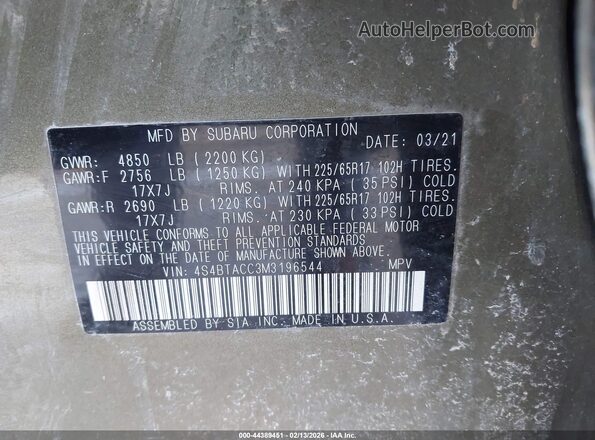4S4BTACC3M3196544 2021 SUBARU OUTBACK Green Vista del compartimento del motor