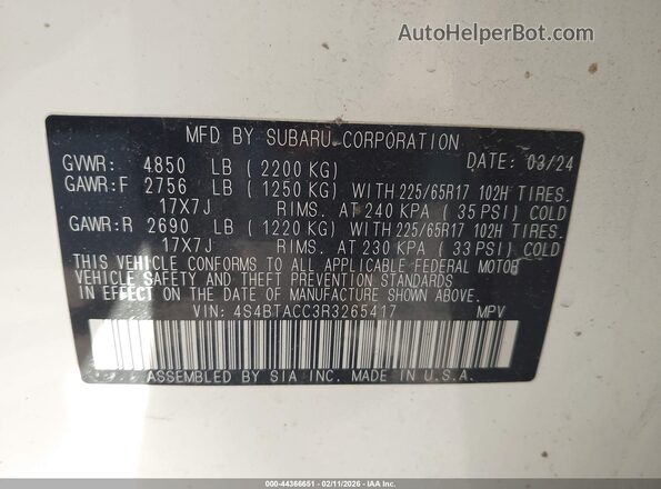 4S4BTACC3R3265417 2024 SUBARU OUTBACK Белый Вид подкапотного пространства