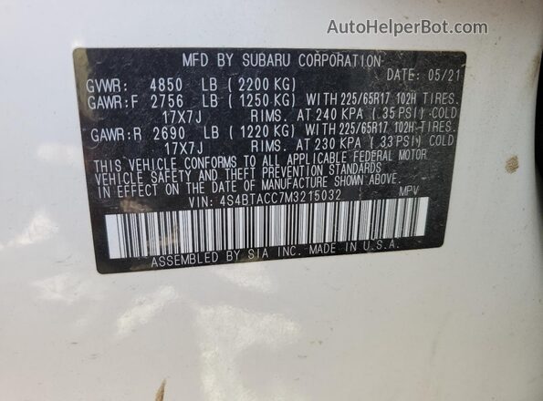4S4BTACC7M3215032 2021 SUBARU OUTBACK White Панорамний вид салону 360°