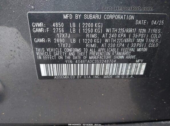 4S4BTADC3S3248704 2025 SUBARU OUTBACK Gray Շարժիչի բաժամունքի տեսք